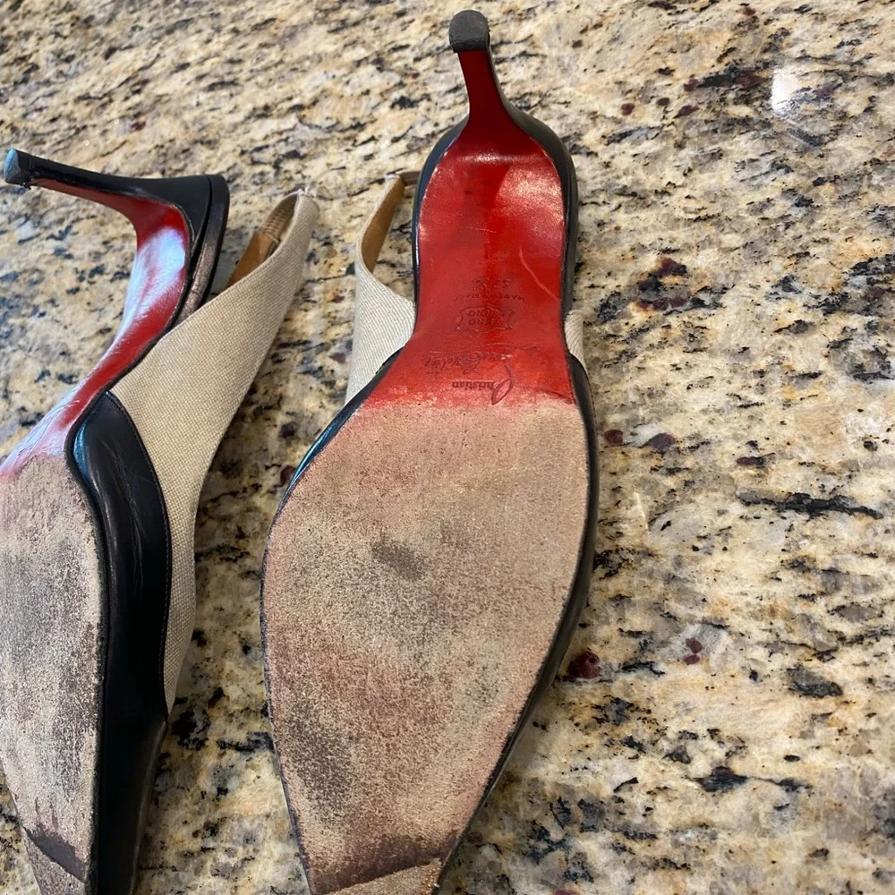 Christian Louboutin Tan and Black Slingback Heels, 37.5 Sophisticated!!! - Picture 12 of 13